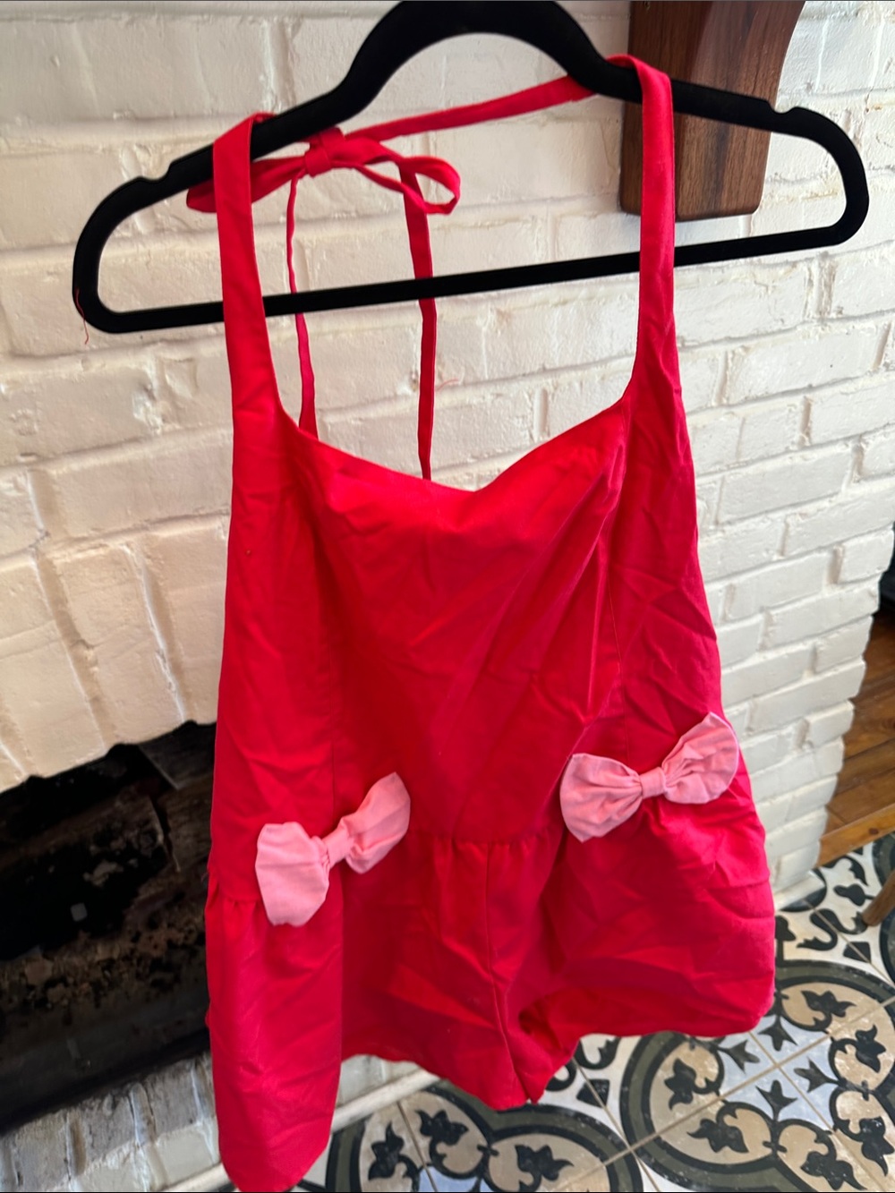 TCEC Red Halter Romper with Light Pink Bows Womenโs Sz L